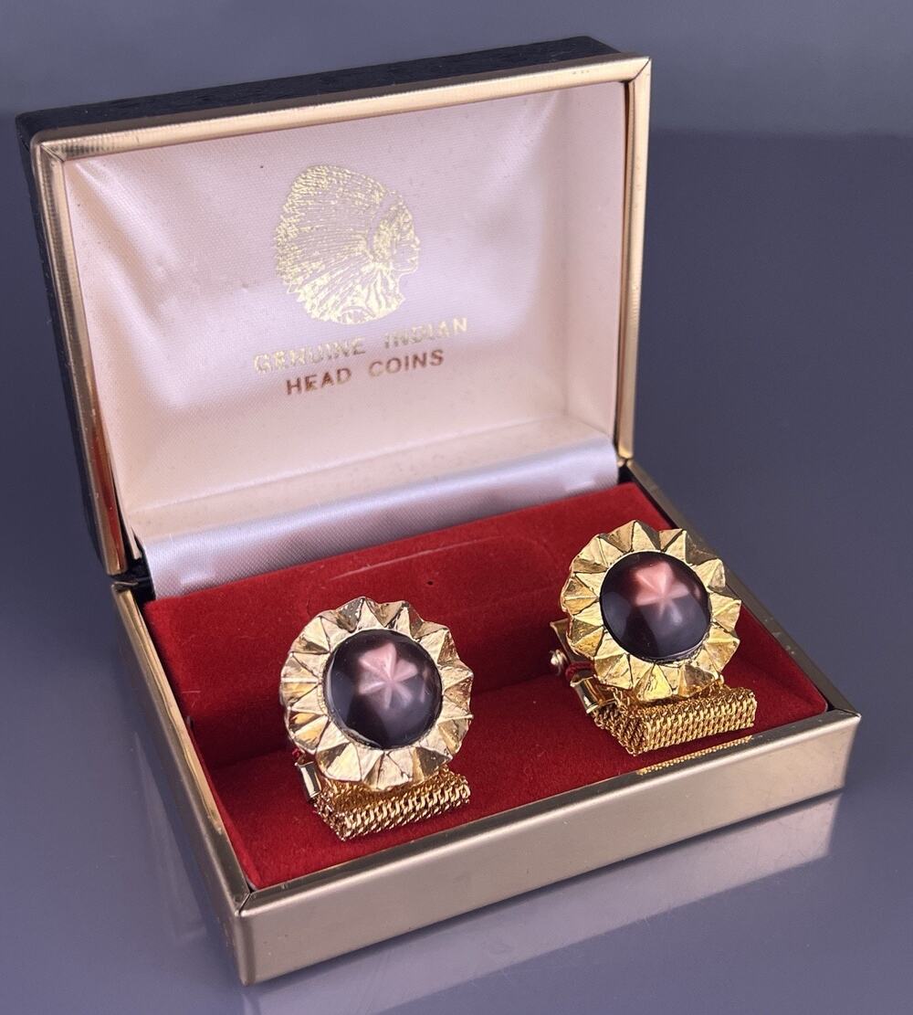 Brown Star Cabochon Sun Burst Wrap Around Cufflinks Gold Tone Round NOS Vintage